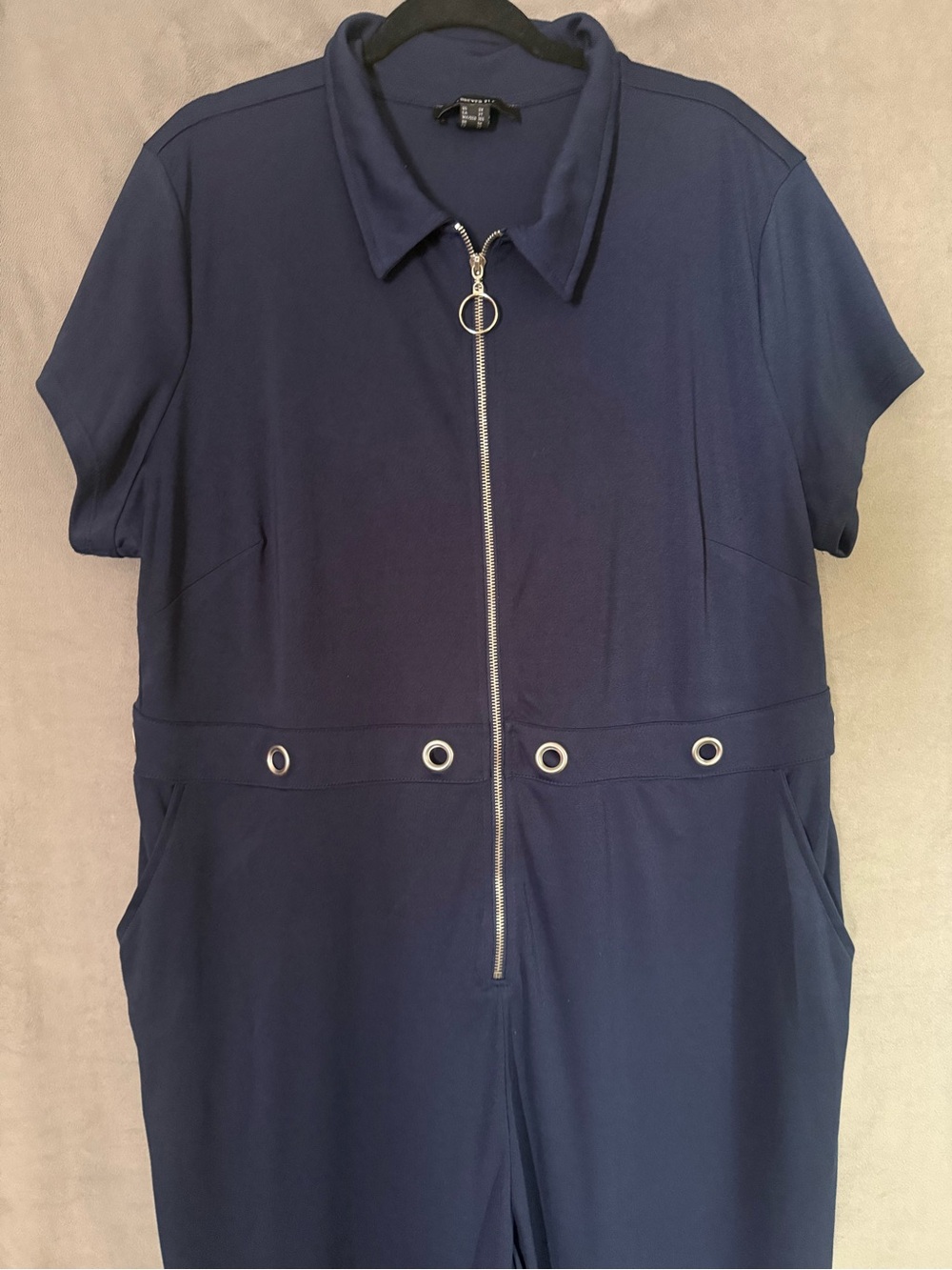 Forever 21 Navy Short-Sleeve Jumpsuit with Ring Zip & Grommet Waist